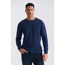 Jakamen İndigo Slim Fit Bisiklet Yaka Desenli Triko Kazak