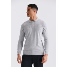 Jakamen Gri Classic Fit Düğme Detaylı Polo Yaka Triko Kazak