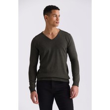 Jakamen Haki Slim Fit V Yaka  Triko Kazak