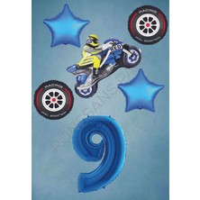 Rönesans Parti Motorsiklet-Yarış Lastiği ve Mavi Rakam Yıldız Folyo Balon Seti Yaş-9