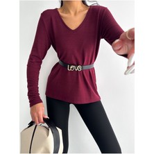 Be Chic Kadın V Yaka Uzun Kollu Salaş Kesim Düz Basic Bluz AYD8997