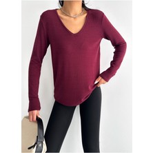 Be Chic Kadın V Yaka Uzun Kollu Salaş Kesim Düz Basic Bluz AYD8997