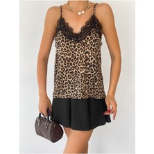 Be Chic Kadın Camel Siyah Leopar Desenli Dantelli Atlet BLZ1004