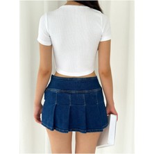 Be Chic Kadın Beyaz Bisiklet Yaka Kısa Kollu Crop Bluz