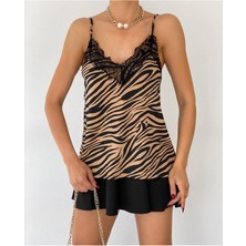 Be Chic Kadın Camel Siyah Zebra Desenli Dantelli Atlet