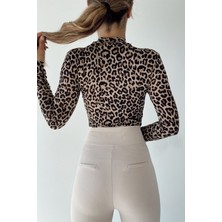 Be Chic Bej Leopar Desen Yarım Balıkçı Yaka Uzun Kollu Bluz