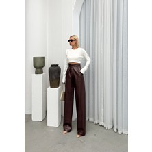 Olcay Pileli Yüksek Bel Palazzo Deri Görünümlü Pantolon KAHVE 7565