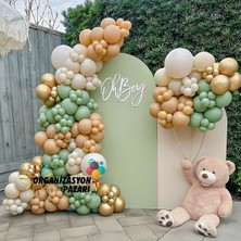 Organizasyon Pazarı Balon Seti Kış Yeşili-Retro Beyaz-Sütlü Kahve 60 Lı Balon Zinciri Seti