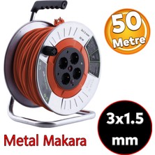 Badem10 Metal Makaralı Seyyar Cca Kablo 4 Prizli Monofaze Uzatma Kablosu 3x1.5 mm Ttr Kablo 50 Metre