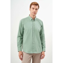 Morven  Erkek Yeşil Pamuk Çizgili Panolu Düğmeli Yaka Regular Fit Gömlek