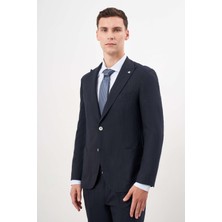 Morven Erkek Lacivert Poliviskon Trend Desenli Slim Fit Mono Yaka Takım Elbise