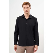 Morven  Erkek Siyah Basic Düz Desen Cepli Sert Yaka Regular Fit Gömlek