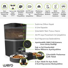 Wero 1080P Çift/Tek Kaseli Mama Kabı, Ayarlanabilir Kamera, 6 Lt, WiFi Kontrol Kedi / Köpek Besleyici, Çift/Tek 2'si 1 Arada Paslanmaz Çelik Kaseli – Siyah