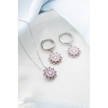 Silvano Jewelry 925 Ayar Gümüş Pembe Taşlı Kolye Küpe Set