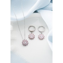 Silvano Jewelry 925 Ayar Gümüş Pembe Taşlı Kolye Küpe Set