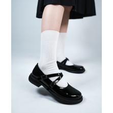 Cleopatra Shoes Mary Jane Siyah Rugan Kadın Ayakkabı Çapraz Bantlı Rahat Laofer