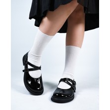 Cleopatra Shoes Mary Jane Siyah Rugan Kadın Ayakkabı Çapraz Bantlı Rahat Laofer