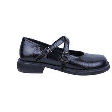 Cleopatra Shoes Mary Jane Siyah Rugan Kadın Ayakkabı Çapraz Bantlı Rahat Laofer