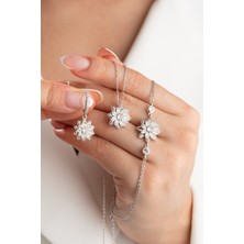 Silvano Jewelry 925 Ayar Gümüş Lotus Çiçeği Takı (Kolye-Küpe-Bileklik) Seti