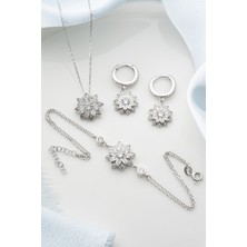 Silvano Jewelry 925 Ayar Gümüş Lotus Çiçeği Takı (Kolye-Küpe-Bileklik) Seti