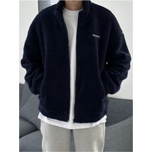 Genius Store Oversize Tam Fermuarlı Kuzu Sweatshirt Içi Polarlı Sherpa Kumaş Sweatshirt Lacivert 2Xl