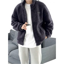 Genius Store Oversize Tam Fermuarlı Kuzu Sweatshirt Içi Polarlı Sherpa Kumaş Sweatshirt Füme M