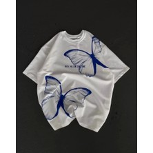 Unisex Bisiklet Yaka Baskılı Oversize T-Shirt - Beyaz