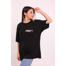 Defy Moda Unisex Bisiklet Yaka Baskılı Oversize T-Shirt - Siyah