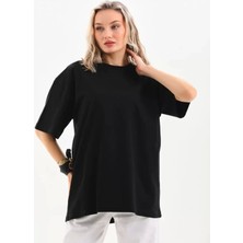 Defy Moda Unisex Bisiklet Yaka 20/1 Düz Oversize T-Shirt - Siyah