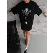 Defy Unisex Bisiklet Yaka Baskılı Oversize T-Shirt - Siyah