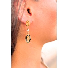 Puffa Hamsa Desen Siyah-Gold Renk Çelik Küpe
