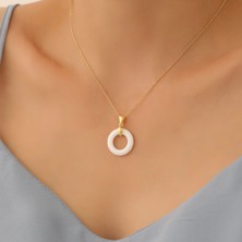 Nox Jewelry 14 Ayar Altın Mikron Kaplama Doğal Beyaz Jade Taşlı Gümüş Kolye - Yeşim Taşı Donut Kolye - CNS00542