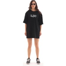Defy Moda Unisex Bisiklet Yaka Baskılı Oversize T-Shirt - Siyah
