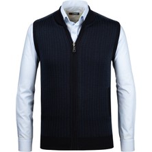 Çizgi Triko Erkek Triko Yelek Fermuarlı Cepli Çelik Örgü Triko Klasik Kalıp - 5004J