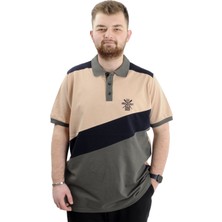 ModeXL  Büyük Beden Erkek Polo Yaka Tişört Renk Bloklu U24322 Bej