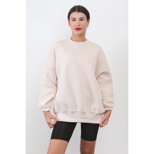 Kadın Oversize Bej Sweatshirt Pamuk Karışım Bisiklet Yaka Ribanalı Lastikli Kol Detay - 2573