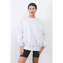 Kadın Oversize Kar Melanj Sweatshirt Pamuk Karışım Bisiklet Yaka Ribanalı Lastikli Kol Detay - 2573