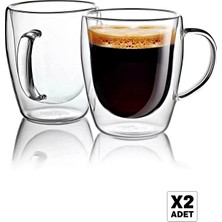 Tilbe Home Çift Cidarlı Bardak Kupa 350 ml Ev Ofis Espresso Kahve Çay Fincanı Borosilikat Kulplu Cam Bardak