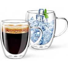 Tilbe Home Çift Cidarlı Bardak Kupa 350 ml Ev Ofis Espresso Kahve Çay Fincanı Borosilikat Kulplu Cam Bardak