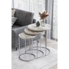 Efelez Design Paris 3'lü C Zigon Sehpa Gümüş Metal - Beyaz Mermer Tabla