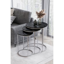 Efelez Design Paris 3'lü C Zigon Sehpa Gümüş Metal - Siyah Mermer Tabla