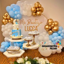 Organizasyon Pazarı Zincir Balon Seti Makaron Mavi-Beyaz-Krom Gold 3 Renk 100 Adet +Balon Şeridi