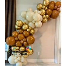 Organizasyon Pazarı Balon Seti Retro Beyaz-Krom Gold-Karamel 100 Lü Balon Zinciri Seti