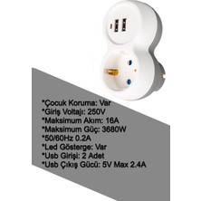 Tek Priz Girişli 2 USB Portlu Çocuk Korumalı LED 'li Tek Fiş Girişi ve 2 Adet USB Portu 250V ve 16A