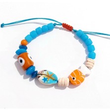 Funny Takı Turuncu Beyaz Murano Cam Balık Bodrum Cam Nazar ve Toprak Boncuklu Bileklik