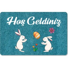 M&H Quality Dijital Baskılı Kapı Önü Paspas Hoşgeldiniz Yazılı Çiçek Desen ve Tavşan Iç ve Dış Kapı Yıkanabilir 45 XX70