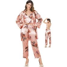 Sones Kozmetik Moongırl Saten Uzun Kollu Üçlü Crop Çiçek Desenli Pijama Takımı .