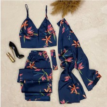 Sones Kozmetik Moongırl Saten Uzun Kollu Üçlü Crop Çiçek Desenli Pijama Takımı .