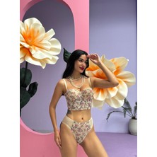 Cansoy Çiçek Desenli Nude - Ten Rengi Simli Büstiyer Takım
