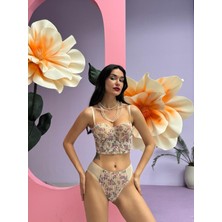 Cansoy Çiçek Desenli Nude - Ten Rengi Simli Büstiyer Takım